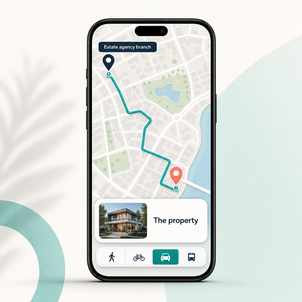 Original mobile map illustration showing directions from an estate agency branch to a property